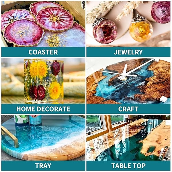 JDiction Resina epoxi de 32 onzas – Fórmula mejorada, 3 veces de protección UV, kit de resina transparente para arte, joyas, moldes, resina fácil de mezclar 1:1 con alfombrilla de silicona, esparcidor, vasos de mezcla, palos y guantes - Image 6