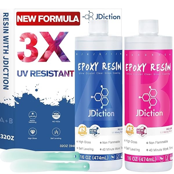 JDiction Resina epoxi de 32 onzas – Fórmula mejorada, 3 veces de protección UV, kit de resina transparente para arte, joyas, moldes, resina fácil de mezclar 1:1 con alfombrilla de silicona, esparcidor, vasos de mezcla, palos y guantes