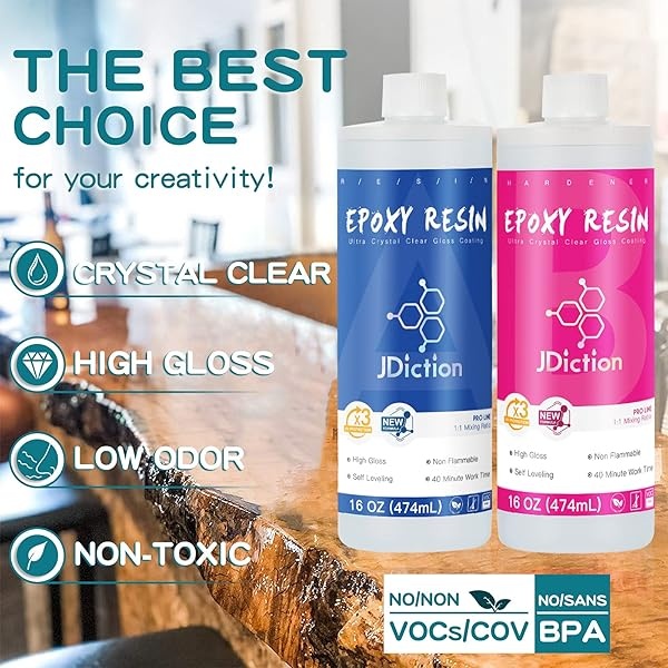 JDiction Resina epoxi de 32 onzas – Fórmula mejorada, 3 veces de protección UV, kit de resina transparente para arte, joyas, moldes, resina fácil de mezclar 1:1 con alfombrilla de silicona, esparcidor, vasos de mezcla, palos y guantes - Image 9