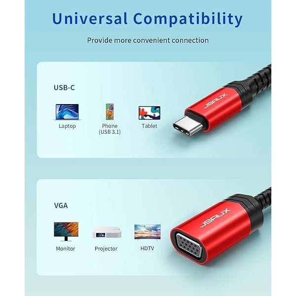 JSAUX Adaptador USB C a VGA, Thunderbolt 3 (tipo C) a VGA adaptador macho a hembra compatible con MacBook Pro/iPad Pro 2020, Dell XPS, Surface Book 2, Samsung Galaxy S22 S21 S20 S10 - Image 8