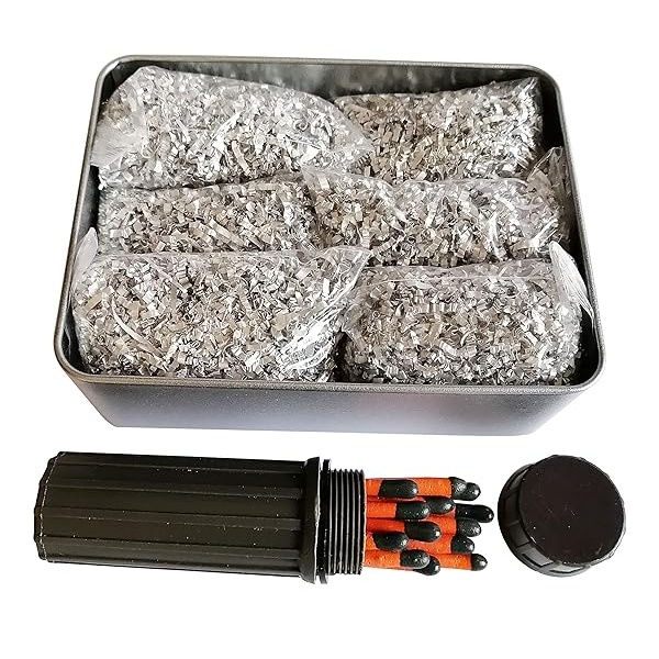 Jet 6 bolsas de magnesio para principiantes de emergencia + 1 caja de lata y kit de fósforos para acampar y senderismo (lata grande y 6 bolsas Mag + kit de coincidencia resistente al viento)