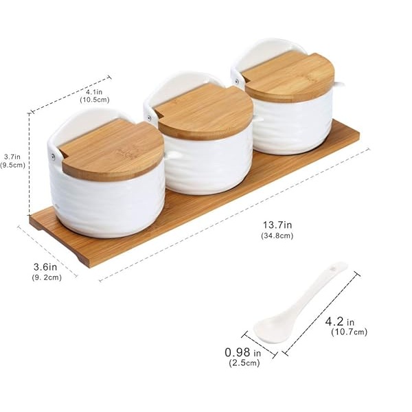 Juego de 3 tarros de cerámica para condimentos, azucareros, salero con cucharas, tapas de bambú y bandeja de madera, contenedores de condimentos grandes de LUCKY GODDNESS, tarros de especias, color blanco, modernos, regalo de inauguración de la casa, 9.1 oz, 3pcs-9.1oz/pcs(Semicircle) - Image 3