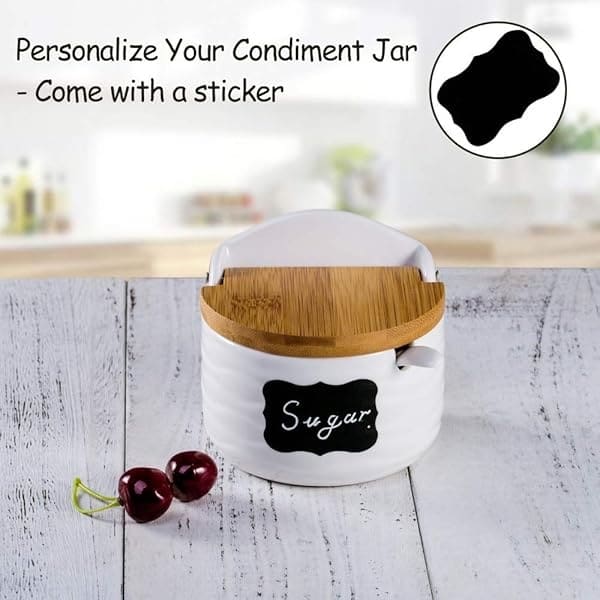 Juego de 3 tarros de cerámica para condimentos, azucareros, salero con cucharas, tapas de bambú y bandeja de madera, contenedores de condimentos grandes de LUCKY GODDNESS, tarros de especias, color blanco, modernos, regalo de inauguración de la casa, 9.1 oz, 3pcs-9.1oz/pcs(Semicircle) - Image 4