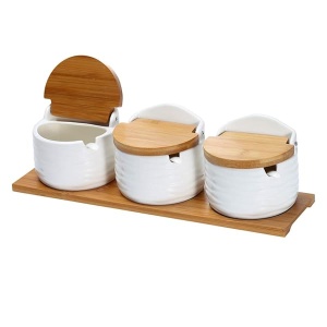 Juego de 3 tarros de cerámica para condimentos, azucareros, salero con cucharas, tapas de bambú y bandeja de madera, contenedores de condimentos grandes de LUCKY GODDNESS, tarros de especias, color blanco, modernos, regalo de inauguración de la casa, 9.1 oz, 3pcs-9.1oz/pcs(Semicircle)