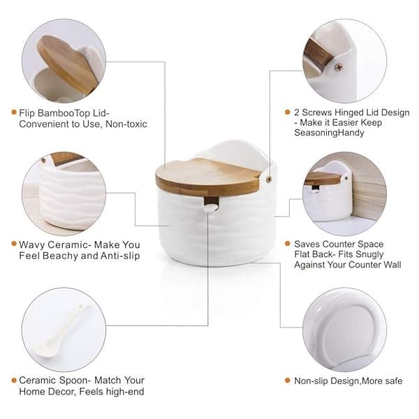 Juego de 3 tarros de cerámica para condimentos, azucareros, salero con cucharas, tapas de bambú y bandeja de madera, contenedores de condimentos grandes de LUCKY GODDNESS, tarros de especias, color blanco, modernos, regalo de inauguración de la casa, 9.1 oz, 3pcs-9.1oz/pcs(Semicircle) - Image 6