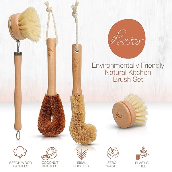 Juego de cepillos de limpieza de cocina natural, ecológicos de madera para la limpieza de platos, ollas y sartenes, cepillo de platos de madera, cepillo de olla y limpiador de botellas. Hecho de madera de haya y cerdas naturales - Image 4