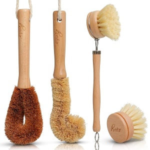 Juego de cepillos de limpieza de cocina natural, ecológicos de madera para la limpieza de platos, ollas y sartenes, cepillo de platos de madera, cepillo de olla y limpiador de botellas. Hecho de madera de haya y cerdas naturales