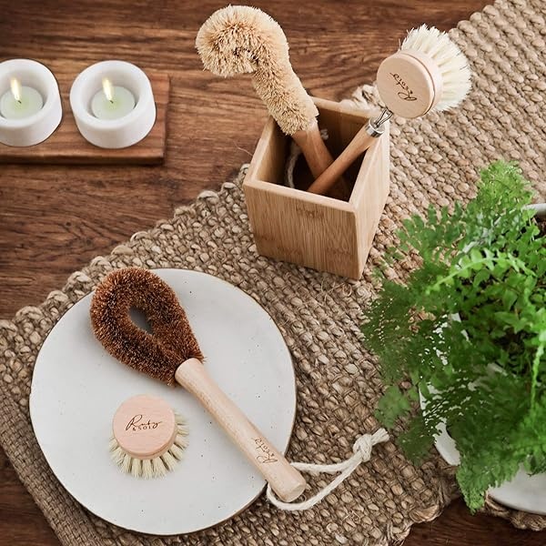 Juego de cepillos de limpieza de cocina natural, ecológicos de madera para la limpieza de platos, ollas y sartenes, cepillo de platos de madera, cepillo de olla y limpiador de botellas. Hecho de madera de haya y cerdas naturales - Image 5