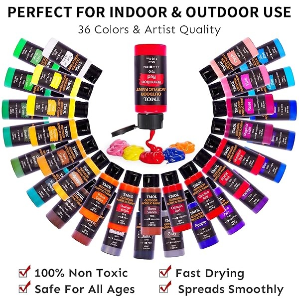 Juego de pintura acrílica, 36 colores para exteriores (botella de 2 onzas/botella) con 12 pinceles de arte, suministros de arte para pintar lienzo, roca, madera, cerámica y tela, pigmentos ricos de calidad duradera - Image 3