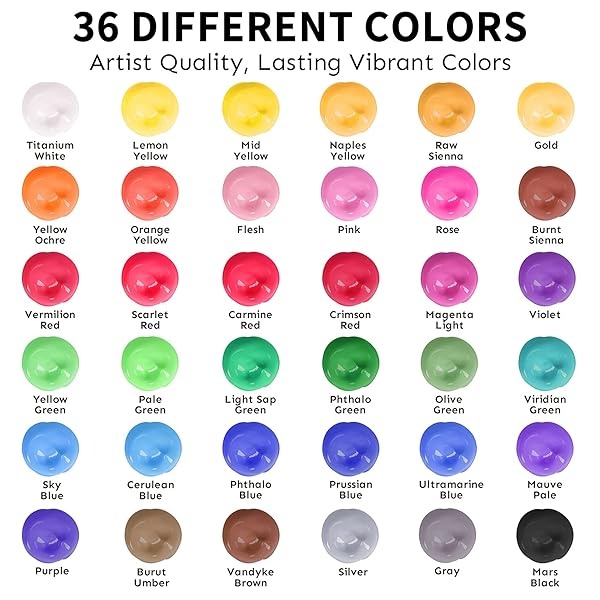 Juego de pintura acrílica, 36 colores para exteriores (botella de 2 onzas/botella) con 12 pinceles de arte, suministros de arte para pintar lienzo, roca, madera, cerámica y tela, pigmentos ricos de calidad duradera - Image 4