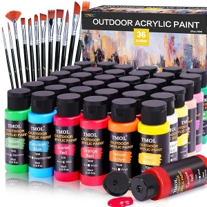 Juego de pintura acrílica, 36 colores para exteriores (botella de 2 onzas/botella) con 12 pinceles de arte, suministros de arte para pintar lienzo, roca, madera, cerámica y tela, pigmentos ricos de calidad duradera