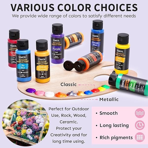 Juego de pintura acrílica, 36 colores para exteriores (botella de 2 onzas/botella) con 12 pinceles de arte, suministros de arte para pintar lienzo, roca, madera, cerámica y tela, pigmentos ricos de calidad duradera - Image 6