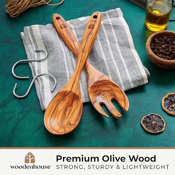 Juego de pinzas para ensalada de madera de olivo, tenedor de madera de 12 pulgadas y cuchara para mezclar, lanzar y cocinar - Image 3