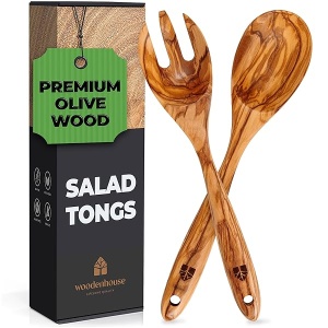 Juego de pinzas para ensalada de madera de olivo, tenedor de madera de 12 pulgadas y cuchara para mezclar, lanzar y cocinar