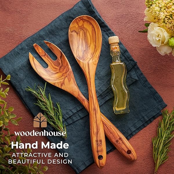 Juego de pinzas para ensalada de madera de olivo, tenedor de madera de 12 pulgadas y cuchara para mezclar, lanzar y cocinar - Image 5