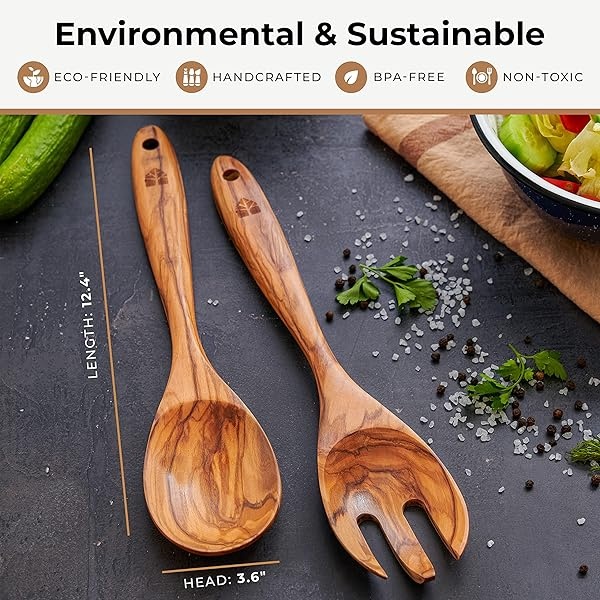 Juego de pinzas para ensalada de madera de olivo, tenedor de madera de 12 pulgadas y cuchara para mezclar, lanzar y cocinar - Image 7