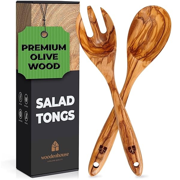 Juego de pinzas para ensalada de madera de olivo, tenedor de madera de 12 pulgadas y cuchara para mezclar, lanzar y cocinar