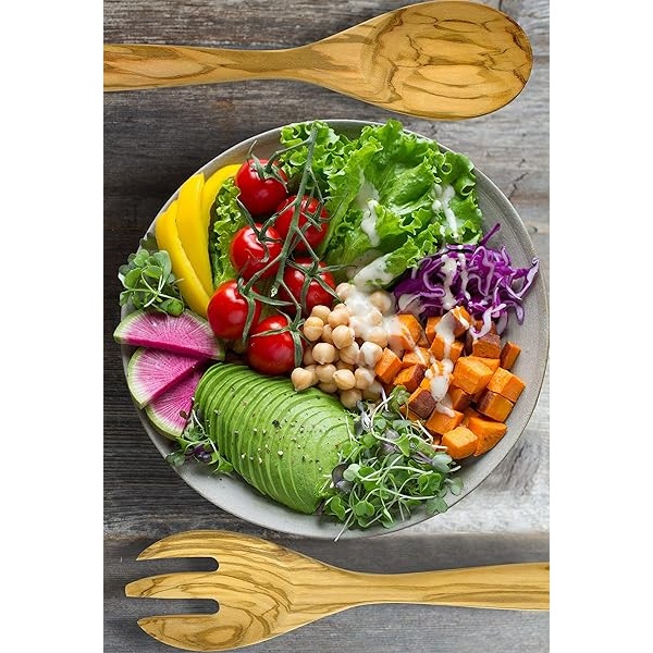 Juego de pinzas para ensalada de madera de olivo, tenedor de madera de 12 pulgadas y cuchara para mezclar, lanzar y cocinar - Image 9