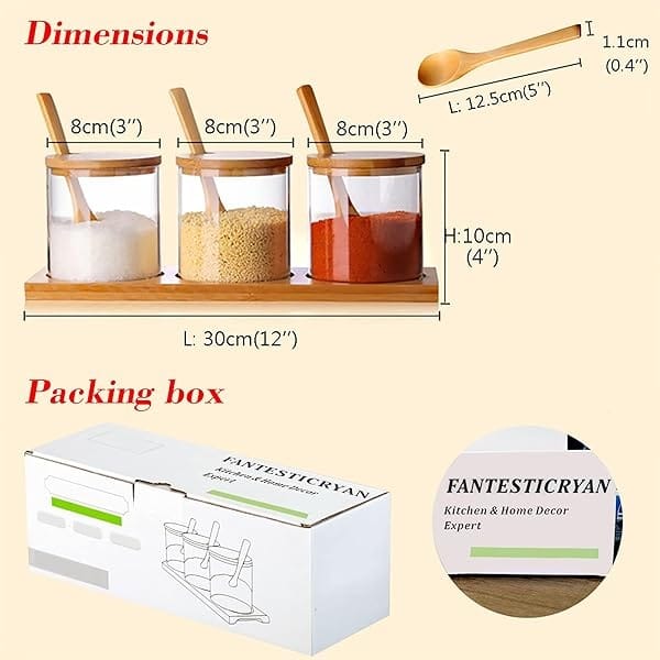 Juego de recipientes para condimentos con tapa de cuchara de madera y base - Image 3