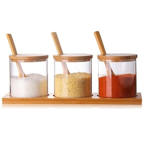 Juego de recipientes para condimentos con tapa de cuchara de madera y base