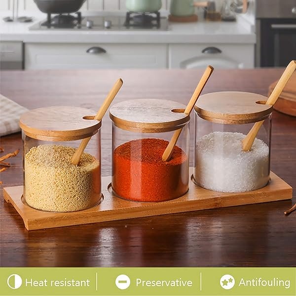 Juego de recipientes para condimentos con tapa de cuchara de madera y base - Image 8