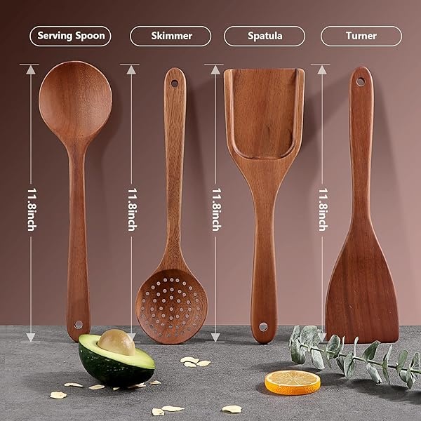 Juego de utensilios de madera de acacia 4 piezas, juego de utensilios de cocina antiadherentes, juego de cucharas de madera, cuchara de inicluding cuchara, espumador, espátula, volteador (paquete de 4) - Image 3