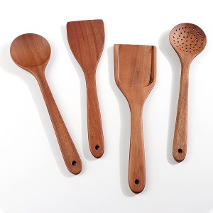 Juego de utensilios de madera de acacia 4 piezas, juego de utensilios de cocina antiadherentes, juego de cucharas de madera, cuchara de inicluding cuchara, espumador, espátula, volteador (paquete de 4)
