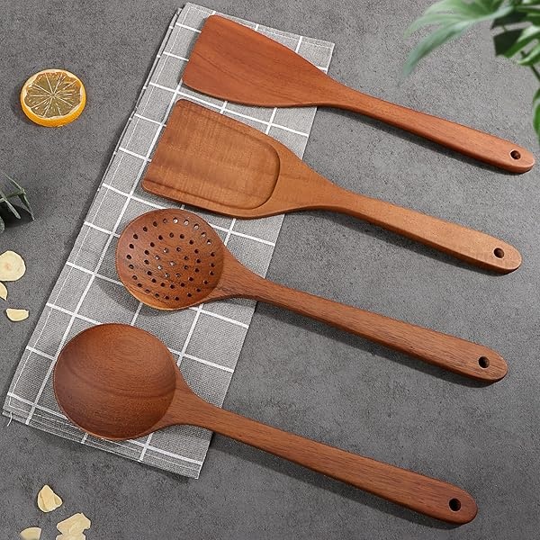 Juego de utensilios de madera de acacia 4 piezas, juego de utensilios de cocina antiadherentes, juego de cucharas de madera, cuchara de inicluding cuchara, espumador, espátula, volteador (paquete de 4) - Image 8