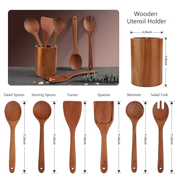 Juego de utensilios de madera de acacia con soporte, 7 piezas, juego de utensilios de cocina antiadherentes, juego de cucharas de madera que incluye cuchara, espumante, espátula, volteador, cuchara de ensalada y tenedor de ensalada (paquete de 7) - Image 3