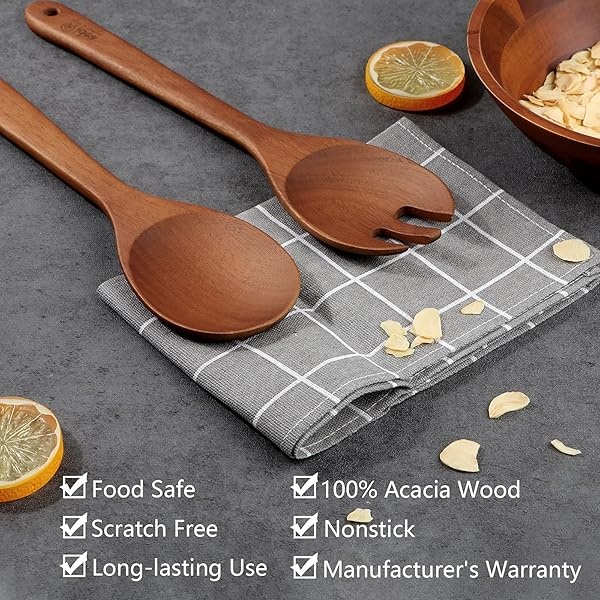 Juego de utensilios de madera de acacia con soporte, 7 piezas, juego de utensilios de cocina antiadherentes, juego de cucharas de madera que incluye cuchara, espumante, espátula, volteador, cuchara de ensalada y tenedor de ensalada (paquete de 7) - Image 4