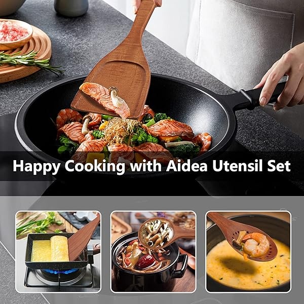 Juego de utensilios de madera de acacia con soporte, 7 piezas, juego de utensilios de cocina antiadherentes, juego de cucharas de madera que incluye cuchara, espumante, espátula, volteador, cuchara de ensalada y tenedor de ensalada (paquete de 7) - Image 6