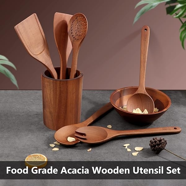 Juego de utensilios de madera de acacia con soporte, 7 piezas, juego de utensilios de cocina antiadherentes, juego de cucharas de madera que incluye cuchara, espumante, espátula, volteador, cuchara de ensalada y tenedor de ensalada (paquete de 7) - Image 8
