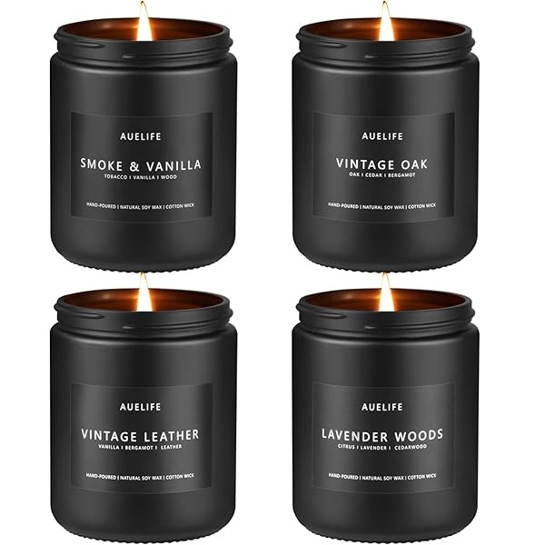 Juego de velas perfumadas | Juego de velas para hombre, velas perfumadas para el hogar, regalos para hombres, paquete de 4 velas para hombres, velas de soja, aromas de lavanda, piel, roble, humo y