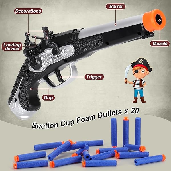 Juguete pirata de espuma para niños y niños, juguete de pistola pirata con 20 dardos de espuma, accesorios de juego de disfraz de pirata, regalo de Halloween pirata para niños de 3, 4, 5, 6 años - Image 7