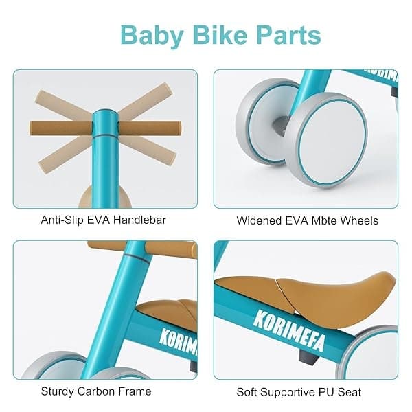 KORIMEFA Bicicleta de equilibrio para bebé con manillar ajustable y asiento de 1 a 2 años de edad, bicicleta de equilibrio de 4 ruedas, juguete de equitación para bebé de 1 año, sin pedal, interior y exterior (azul claro) - Image 5