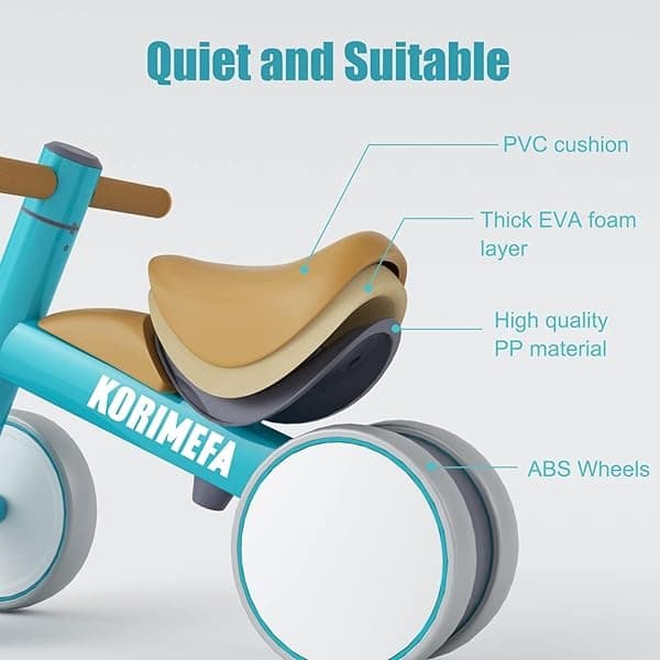 KORIMEFA Bicicleta de equilibrio para bebé con manillar ajustable y asiento de 1 a 2 años de edad, bicicleta de equilibrio de 4 ruedas, juguete de equitación para bebé de 1 año, sin pedal, interior y exterior (azul claro) - Image 6