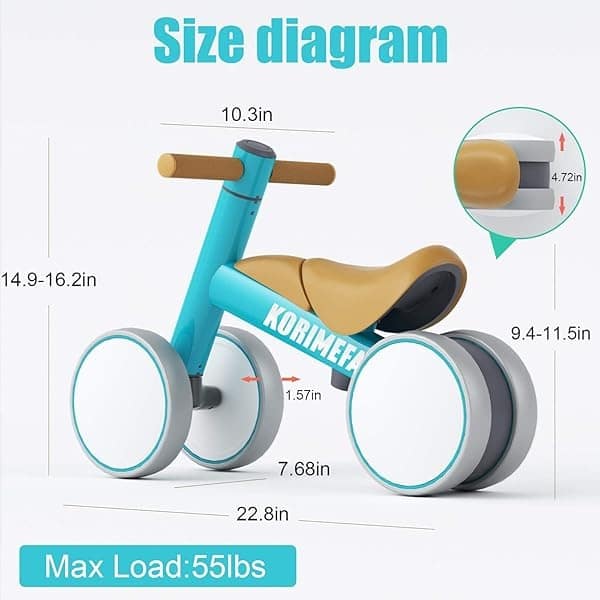 KORIMEFA Bicicleta de equilibrio para bebé con manillar ajustable y asiento de 1 a 2 años de edad, bicicleta de equilibrio de 4 ruedas, juguete de equitación para bebé de 1 año, sin pedal, interior y exterior (azul claro) - Image 7