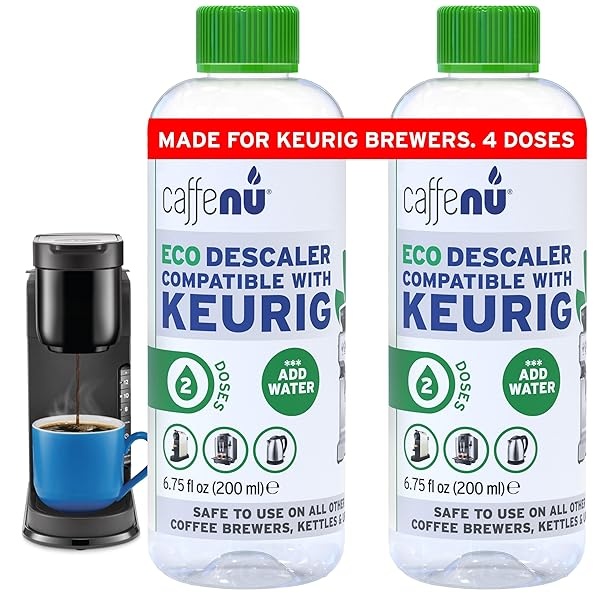 Keurig - Solución de descalcificación compatible 2 botellas de solución descalcificadora Keurig. Keurig Kit de descalcificación elimina la cal para café más caliente. Descalcificador de 4 usos para