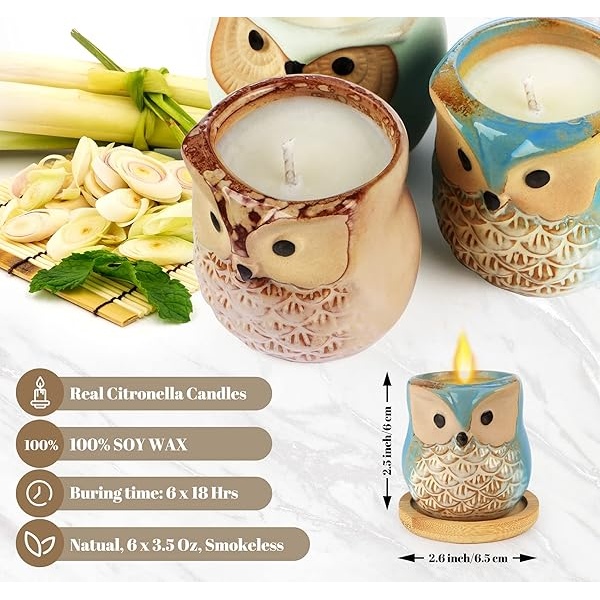 Kinforse - Velas de citronela para exteriores, ideas de regalo para mujeres, 6 x 1.5 onzas, novedosas velas de soja de búho para juegos de regalo para mujeres, velas de aromaterapia a granel para - Image 3