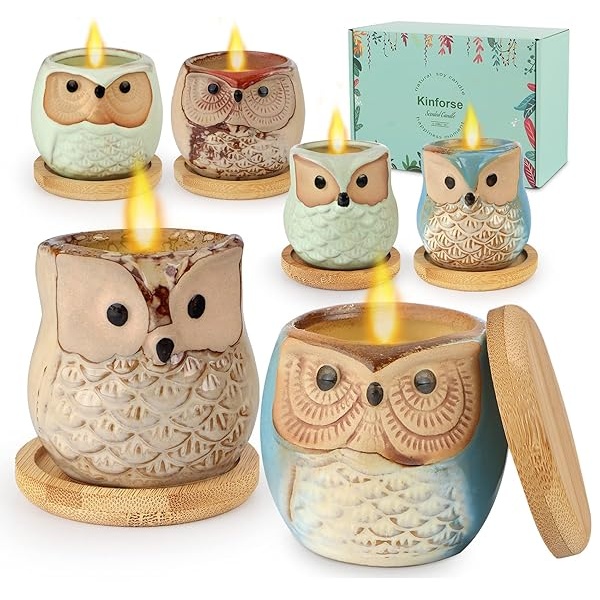 Kinforse - Velas de citronela para exteriores, ideas de regalo para mujeres, 6 x 1.5 onzas, novedosas velas de soja de búho para juegos de regalo para mujeres, velas de aromaterapia a granel para