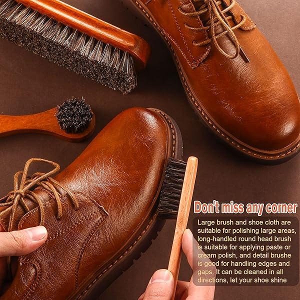 Kit de 4 cepillos para zapatos de pelo de caballo, aplicadores de piel de limpieza, zapatos de piel, cepillos de cuidado de botas, cepillo para polvo limpiador de gamuza con paño de microfibra (4 - Image 5