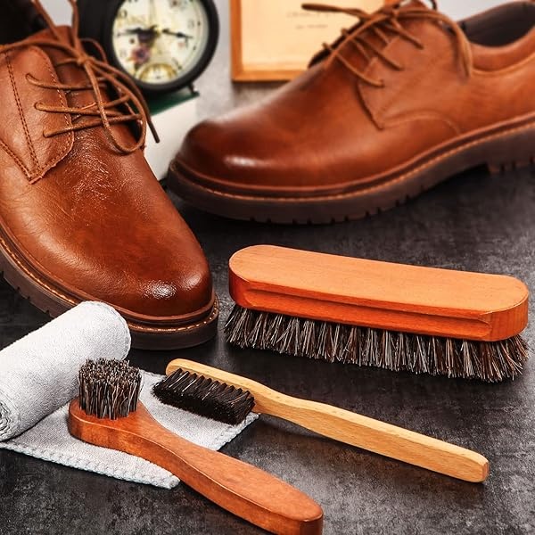 Kit de 4 cepillos para zapatos de pelo de caballo, aplicadores de piel de limpieza, zapatos de piel, cepillos de cuidado de botas, cepillo para polvo limpiador de gamuza con paño de microfibra (4 - Image 7