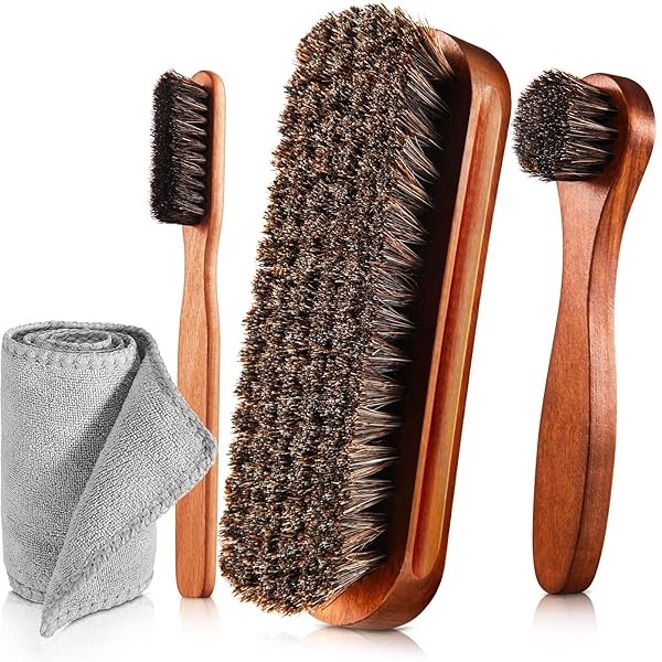 Kit de 4 cepillos para zapatos de pelo de caballo, aplicadores de piel de limpieza, zapatos de piel, cepillos de cuidado de botas, cepillo para polvo limpiador de gamuza con paño de microfibra (4