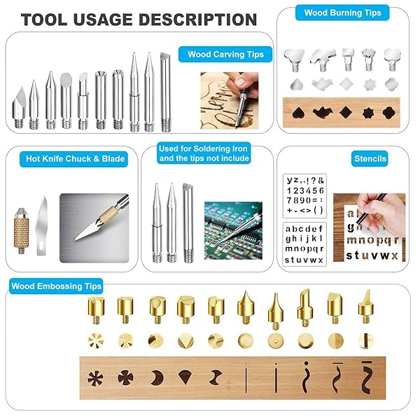 Kit de 69 piezas de quemado de madera, juego de bolígrafos pirográficos de 60 W con interruptor de temperatura de ajuste de 200 ~ 450 ℃, herramienta de quemador de madera en relieve, tallado, puntas de soldadura, plantillas, lápices, regalo de Navidad para hombres, adultos, papá - Image 5