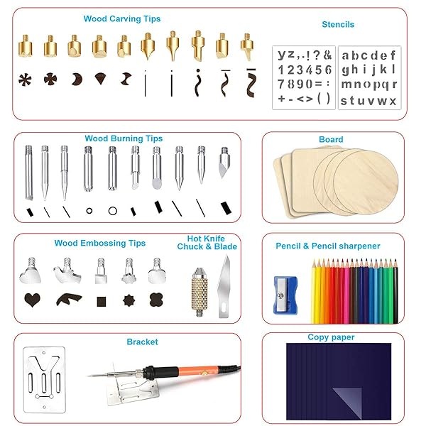 Kit de 69 piezas de quemado de madera, juego de bolígrafos pirográficos de 60 W con interruptor de temperatura de ajuste de 200 ~ 450 ℃, herramienta de quemador de madera en relieve, tallado, puntas de soldadura, plantillas, lápices, regalo de Navidad para hombres, adultos, papá - Image 7