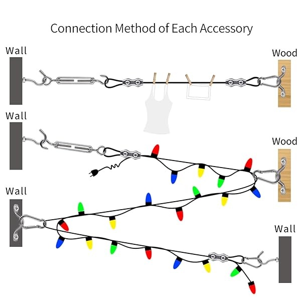 Kit de cadena de luces para colgar, kit de suspensión de luces de globo, alambre guía de luz para exteriores, incluye cable de cuerda de alambre de acero inoxidable recubierto de nailon de 164 pies, tensor y ganchos, suficientes accesorios, manual de uso - Image 3