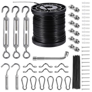 Kit de cadena de luces para colgar, kit de suspensión de luces de globo, alambre guía de luz para exteriores, incluye cable de cuerda de alambre de acero inoxidable recubierto de nailon de 164 pies, tensor y ganchos, suficientes accesorios, manual de uso