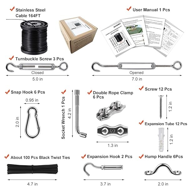 Kit de cadena de luces para colgar, kit de suspensión de luces de globo, alambre guía de luz para exteriores, incluye cable de cuerda de alambre de acero inoxidable recubierto de nailon de 164 pies, tensor y ganchos, suficientes accesorios, manual de uso - Image 5