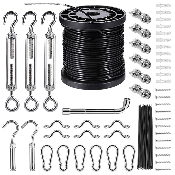 Kit de cadena de luces para colgar, kit de suspensión de luces de globo, alambre guía de luz para exteriores, incluye cable de cuerda de alambre de acero inoxidable recubierto de nailon de 164 pies, tensor y ganchos, suficientes accesorios, manual de uso