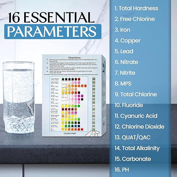 Kit de prueba de agua potable 16 en 1 | Tiras de prueba de alta sensibilidad detectan pH, dureza, cloro, plomo, hierro, cobre, nitrato, nitrito | Tiras de prueba de pureza del agua para el hogar para - Image 6